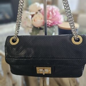 CHANEL Black Perforated Leather Shoulder Bag with Gold & Silver Hardware